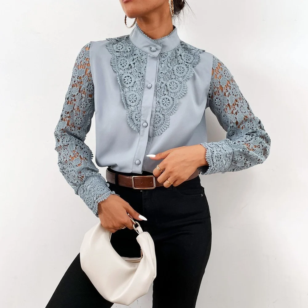 Chemise Vintage en dentelle à manches longues pour femmes, printemps été, Slim Fit, haut blanc, vêtements de bureau, vêtements d'affaires