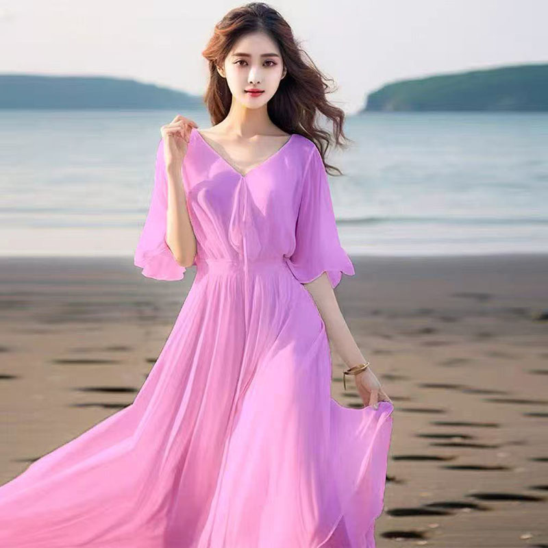 Robe d'été 2026 pour femme, style coréen, en mousseline, manches courtes, maxi, élégante, col en V, tunique décontractée, robes de soirée florales