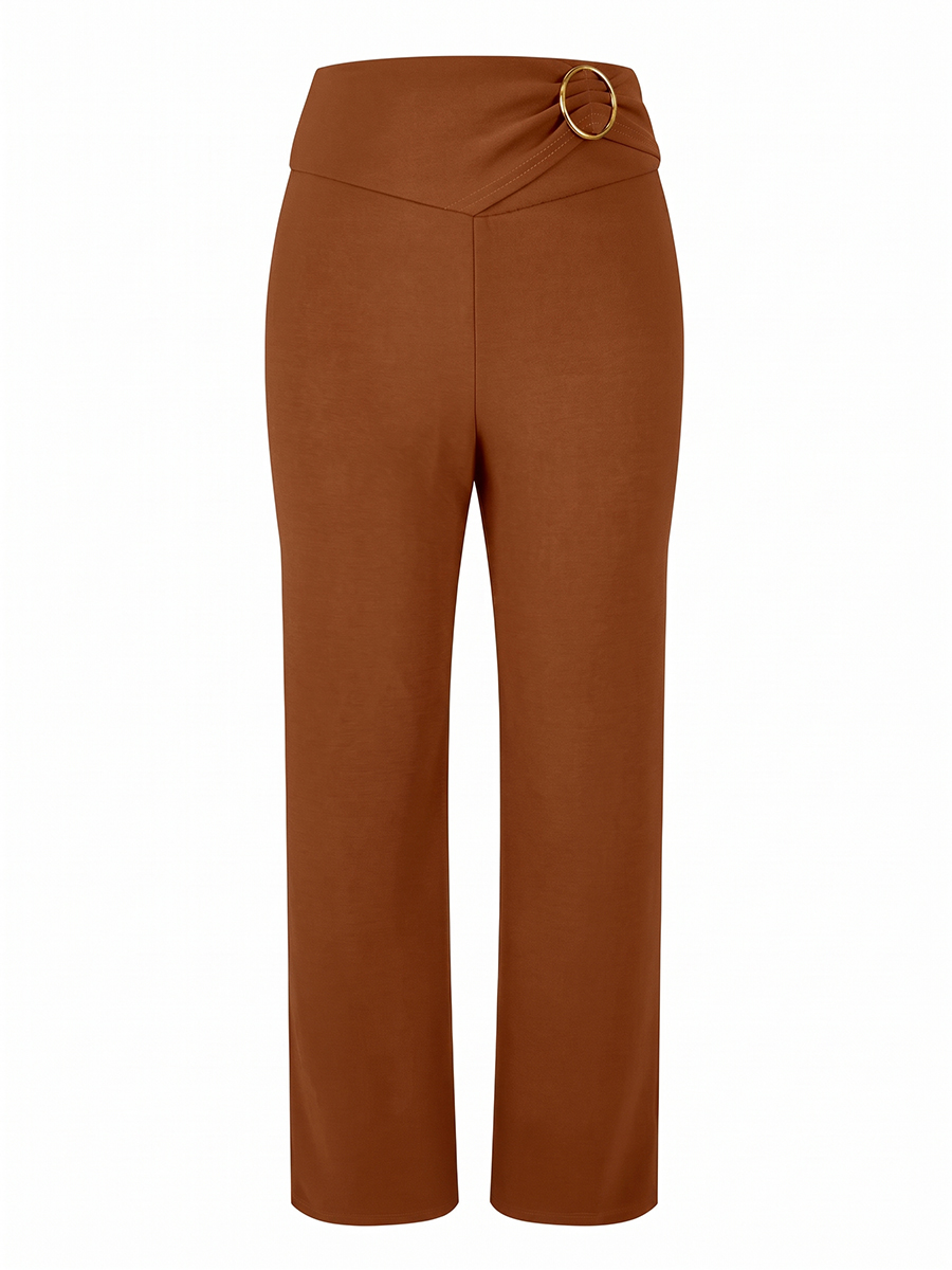 Pantalon large à taille haute pour femmes, style vintage, couleur marron unie, élégant, pour le bureau, avec anneau métallique, pantalon long décontracté pour l'automne.