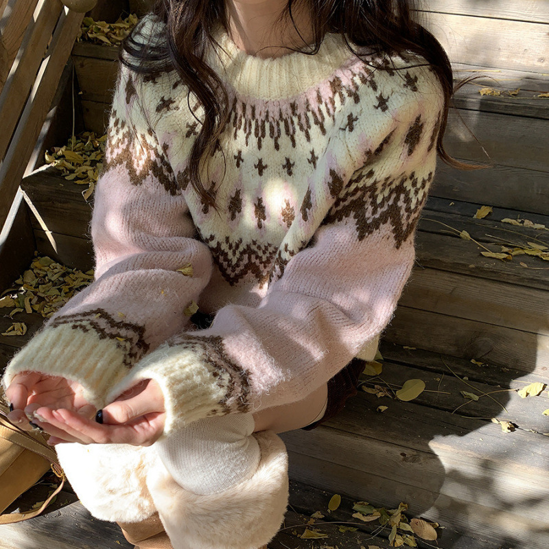 Femmes tricot pull 2025 nouveau rose pull femmes Fair Isle Jacquard Preppy Style automne hiver tricot pull