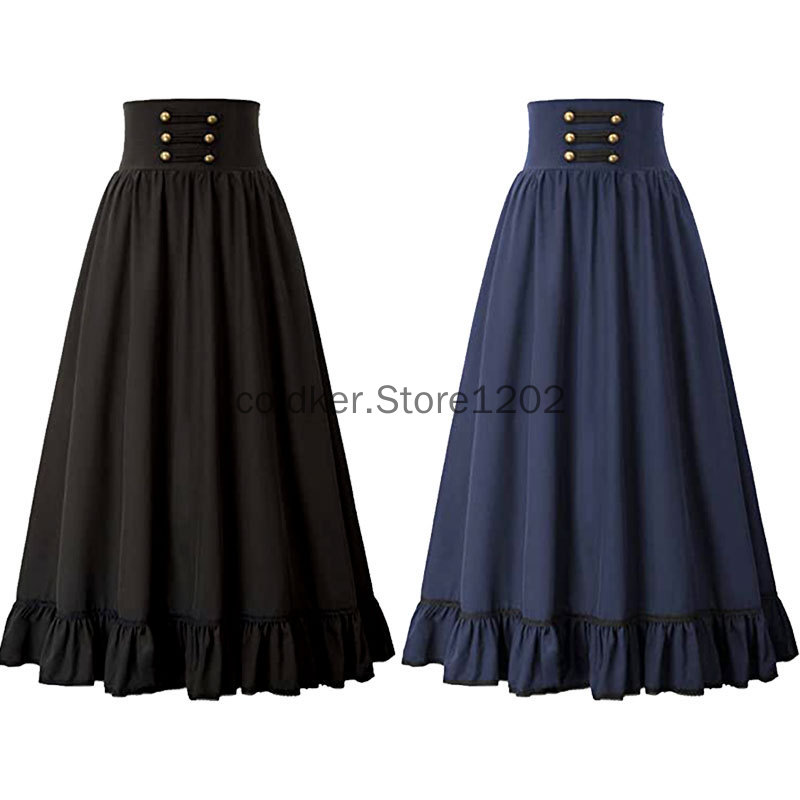 Jupe longue victorienne taille haute pour femme, ourlet à volants gothique, jupe maxi trapèze, jupes de fête plissées, été médiéval, InX4, Steampunk