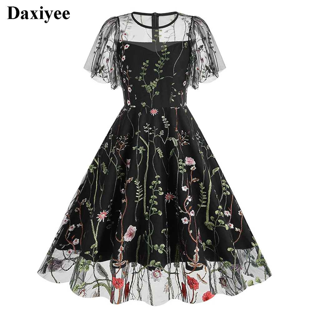 Soirée élégante robe rétro de luxe 2025 femmes été col rond maille florale brodée années 60 70 Vintage robes mi-longues robes