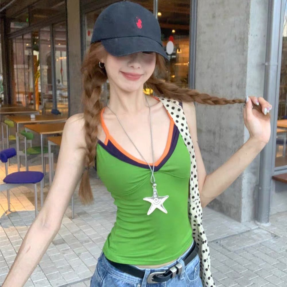Débardeur Camisole Faux Deux Pièces Tendance, Coupe Ajustée à Bretelles, Crop Top Sexy, Haut de Base pour Usage Quotidien