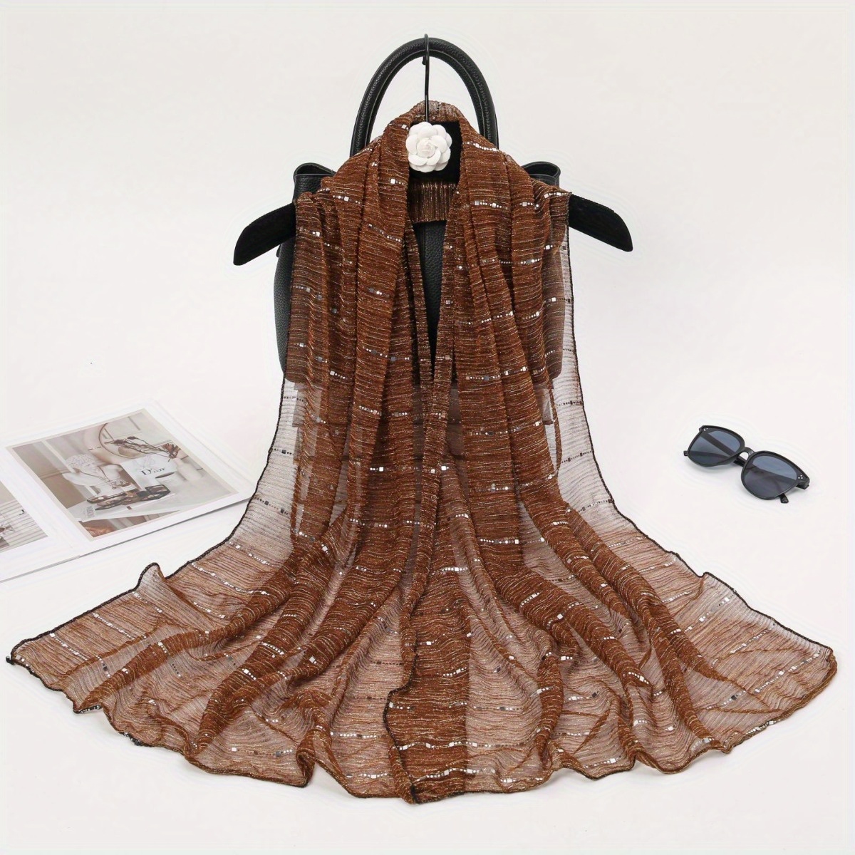 1 pièces printemps et automne femmes haute élasticité sequin chaîne écharpe, mèche soie longue écharpe, écharpe indienne, écharpe en soie coulissante