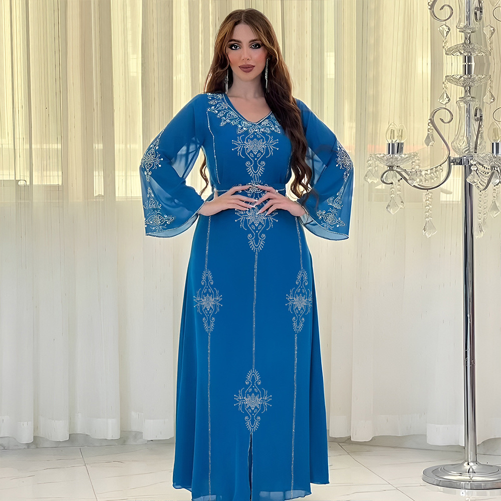 Abaya musulman en Polyester pour femmes, élégant, Orange, bleu, rose, vert, manches longues, col en v, été