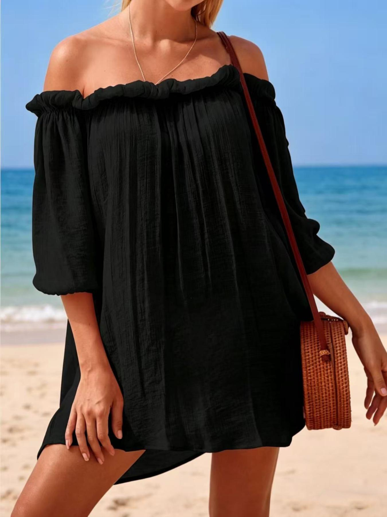 Robe courte asymétrique style vacances, Cache-maillot de bain léger et transparent, Vêtement de plage décontracté uni pour femme
