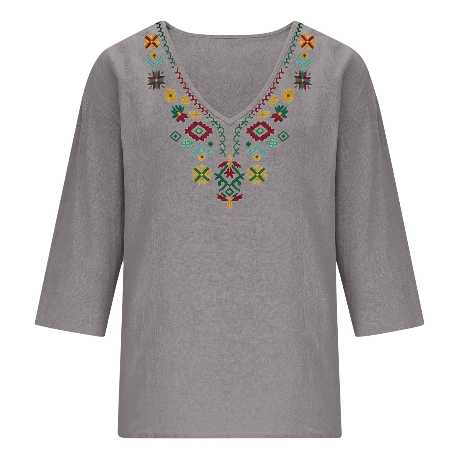 Chemisier Bohème Brodé Col V pour Femme, Manches 3/4 Unies en Coton et Lin, Haut Décontracté, Broderie Florale Ethnique, Tunique Ample d'Été