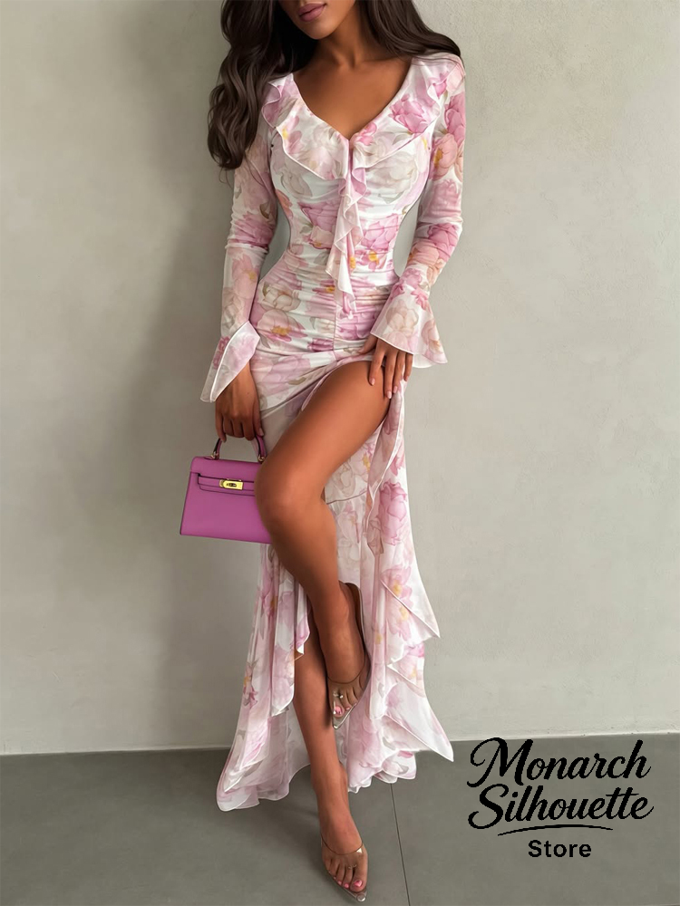 Nouvelle Robe Longue Rose à Imprimé Floral pour Femme, Coupe Ajustée, Col en V Chic, Volants, Manches Longues Évasées, Froncée, Fendue, Élégante
