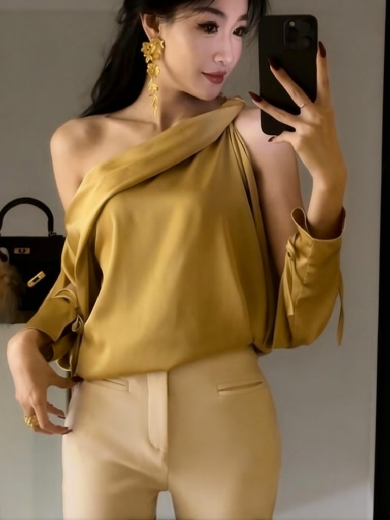 Haut élégant en satin de soie pour femme, à épaules dénudées, manches longues, style t-shirt, sexy, ample, décontracté, basique, chemisier asymétrique à une épaule