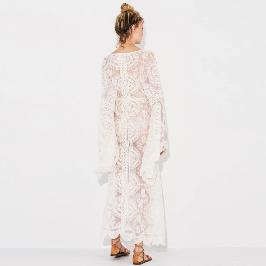 TEELYNN – Kimono à manches longues pour femmes, chemisier Boho en dentelle, broderie florale, Cardigan enveloppant sexy, vêtements de plage, chemisiers gitans pour femmes