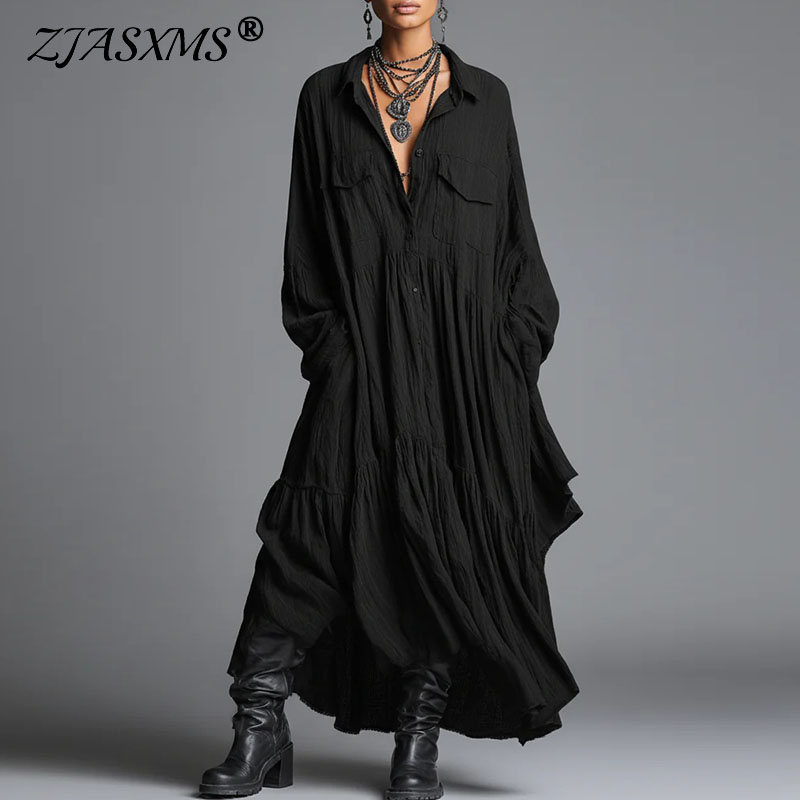 Robes décontractées pour femmes, nouvelle collection vintage, unie, ample, plissée, style bohème, longue, printemps 2026, robe maxi chemise à manches longues et col à revers boutonné