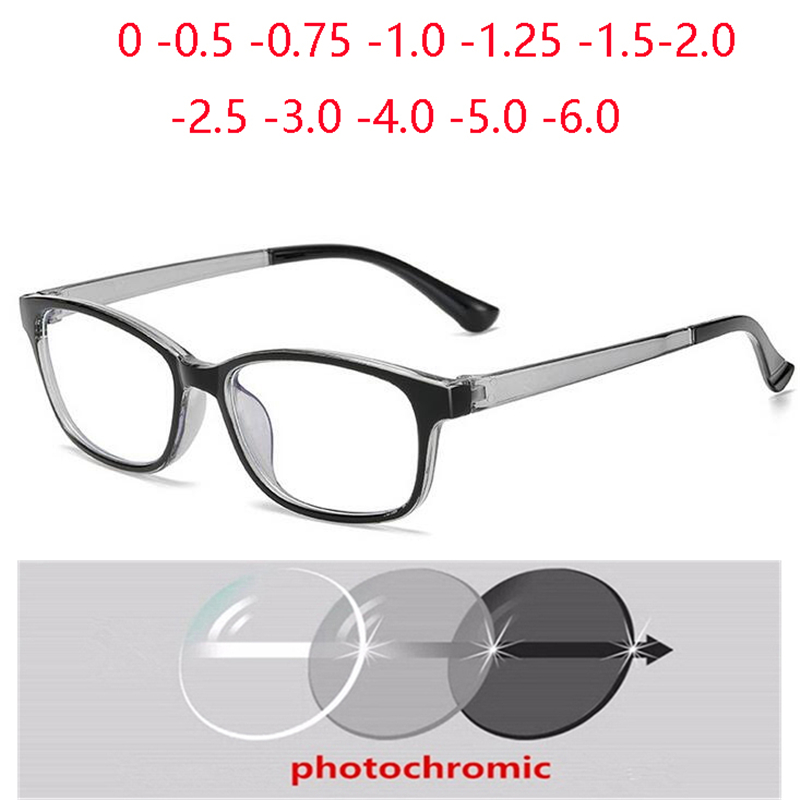 Mode plastique noir gris cadre carré myope lunettes soleil photochromique gris Prescription lunettes 0 -0.5 -0.75 à-6.0