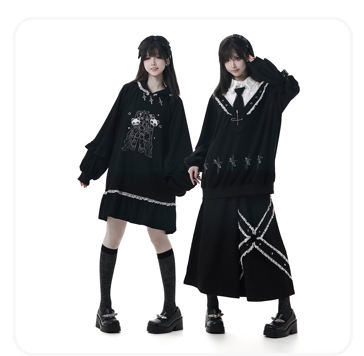 Highstreet doux Cool décontracté robe à capuche dessin animé imprimé broderie dentelle volants Patchwork à manches longues robe noire ample femmes
