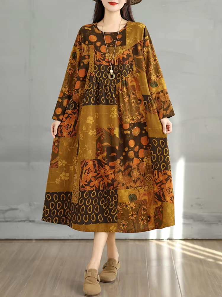 Robes en coton à imprimé floral vintage pour femmes, robe décontractée ample à manches longues, vêtements élégants pour femme, Vestidos, printemps automne 2026