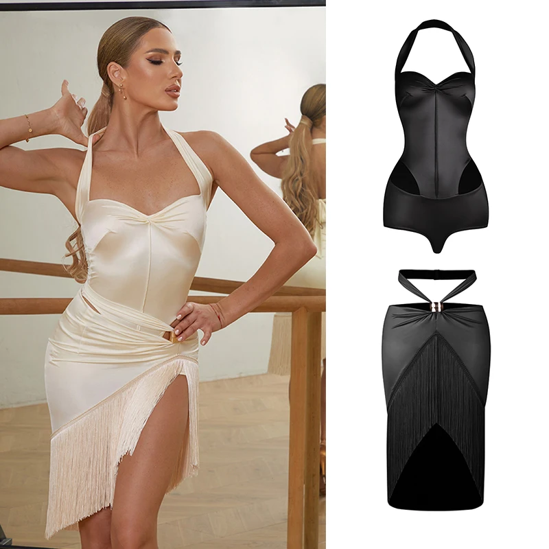 Robe de danse latine en satin pour femme, collection été 2026, avec haut bustier et jupe à franges, idéale pour la performance de Cha Cha et Rumba