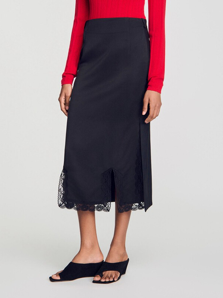 Jupe longue noire pour femme, mi-longue, taille haute, avec fente latérale, en dentelle, style français, pour début d'automne