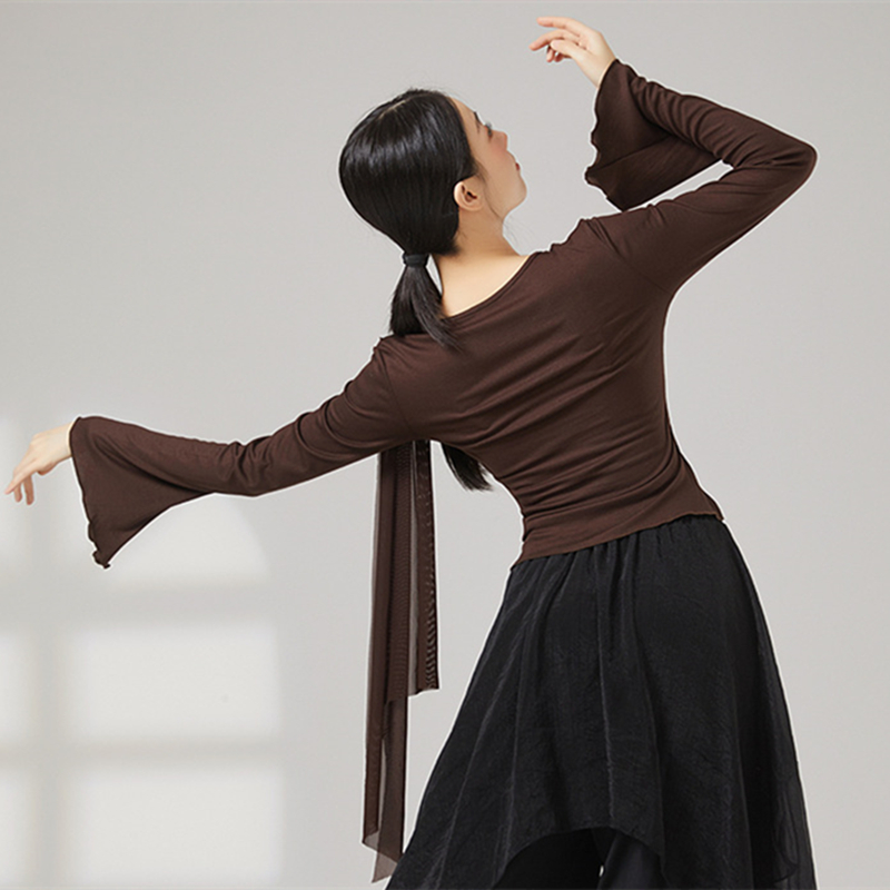 Costume de danse moderne pour femmes, haut à manches en maille évasée, chemise fluide en Tulle épissure, ourlet irrégulier, vêtements d'entraînement quotidien, t-shirt Chic de Yoga sur scène