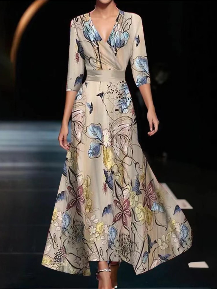 Robe à manches trois-quarts à col en V pour femmes, taille élégante, impression florale, robes décontractées pour femmes, printemps, automne, nouveau, à la mode