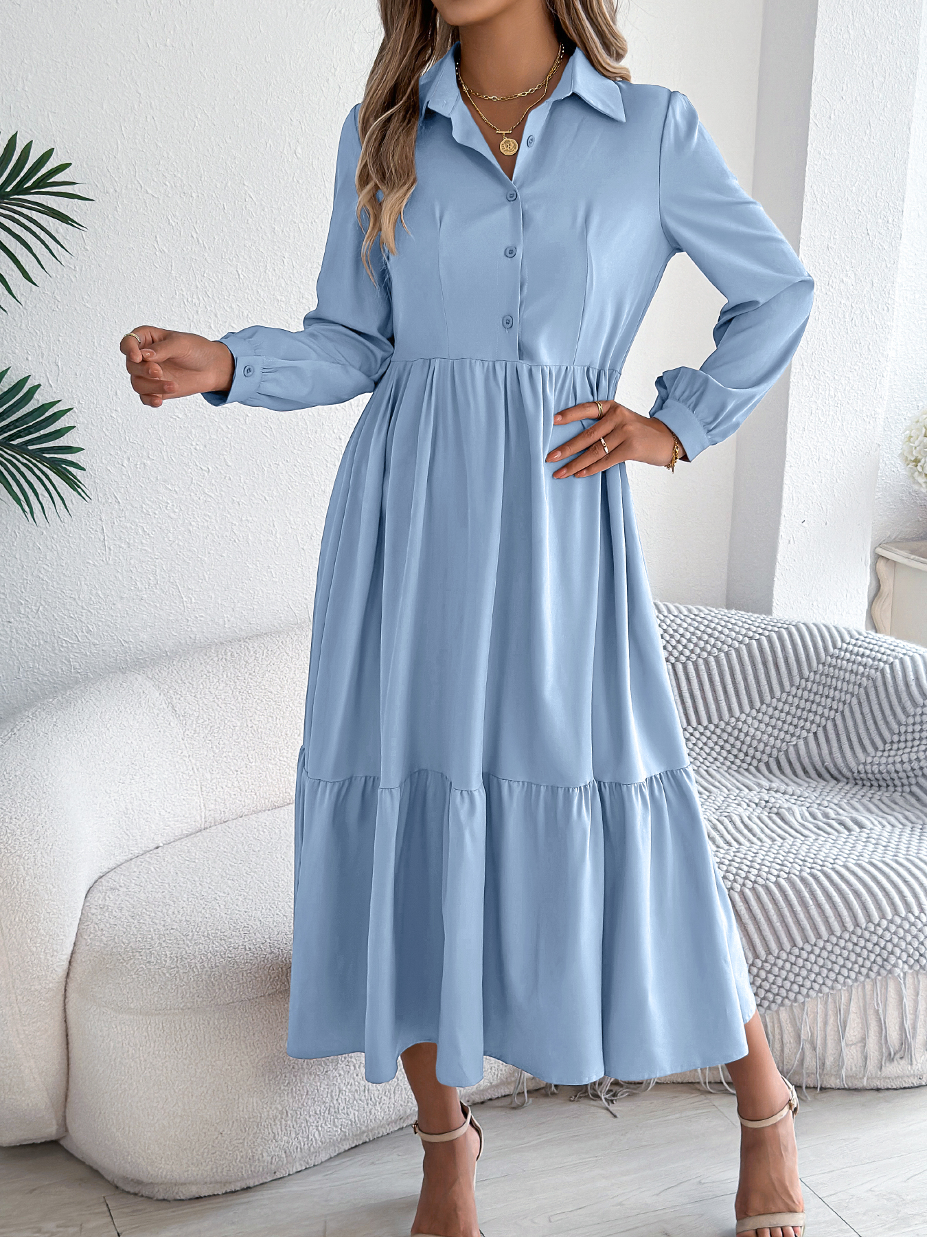 Robe décontractée pour femme à col rabattu et manches longues, idéale pour les vacances, printemps-automne, coloris kaki, vert, bleu, rouge