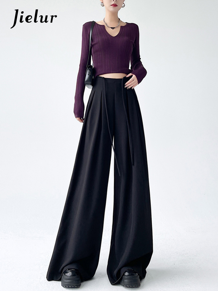 Pantalon Abricot Noir à Jambes Larges pour Femme, Slim, Simple, Décontracté, de Rue, à la Mode, Nouvelle Collection d'Été