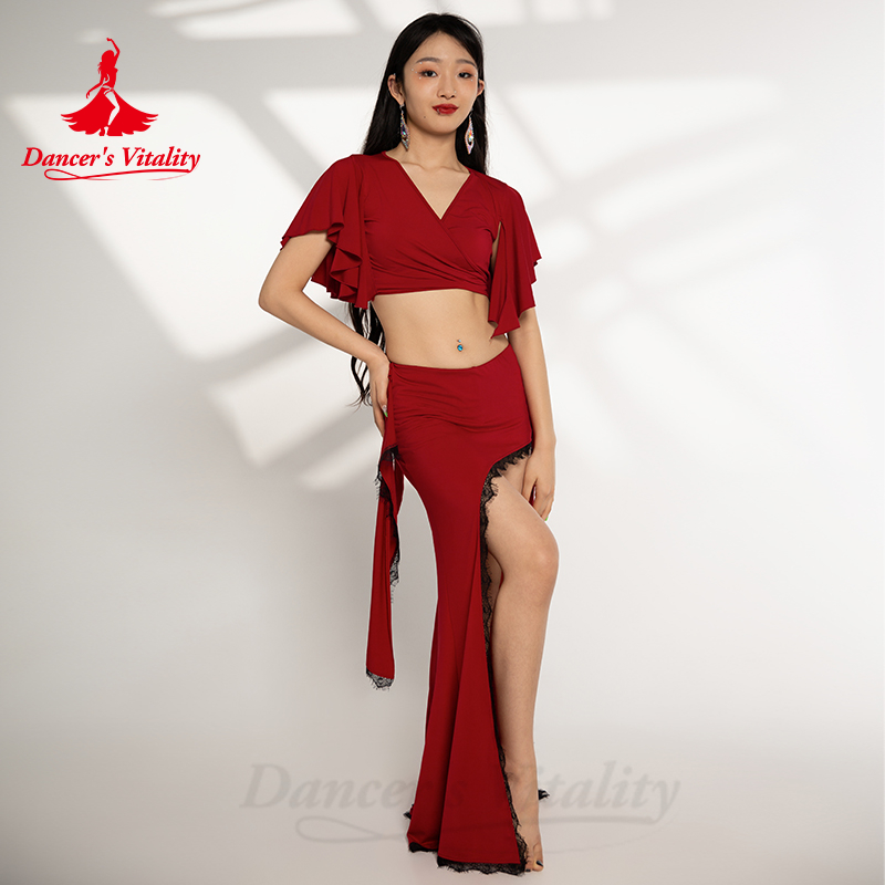 Costumes de danseuse du ventre pour femmes, haut à manches courtes + jupe longue en dentelle Edg, 2 pièces, tenue de danse du ventre orientale pour adultes