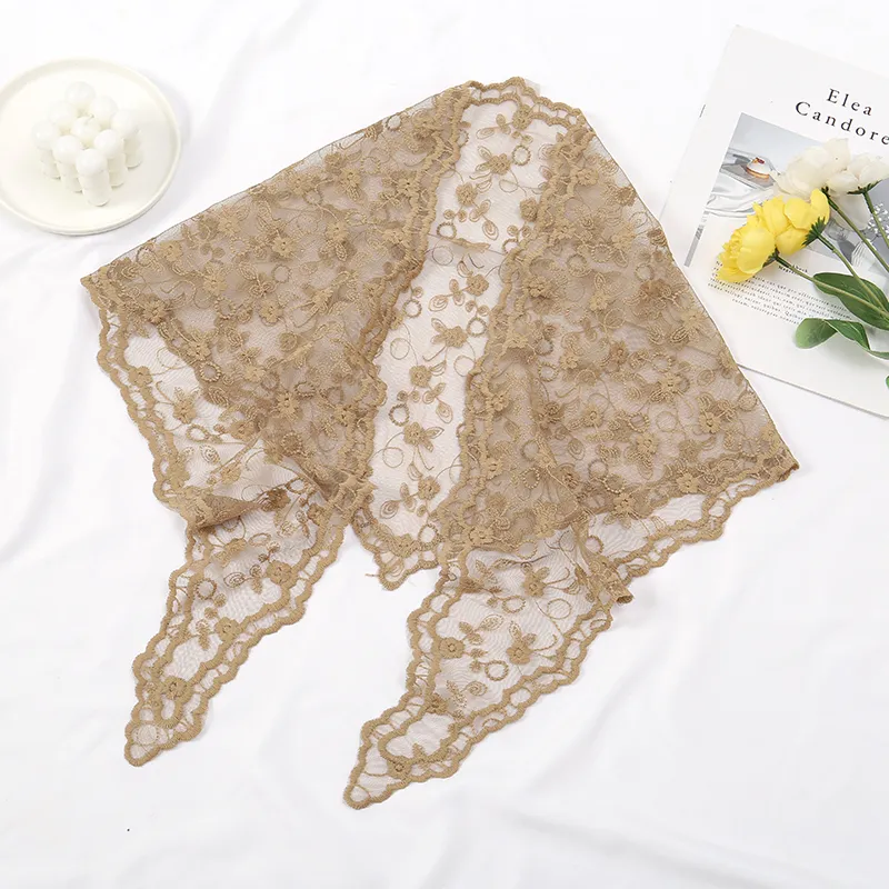 Fleur brodée dentelle Triangle écharpe petit châle Crochet cou écharpe couleur unie foulard chapeaux Bandana Hijab foulard