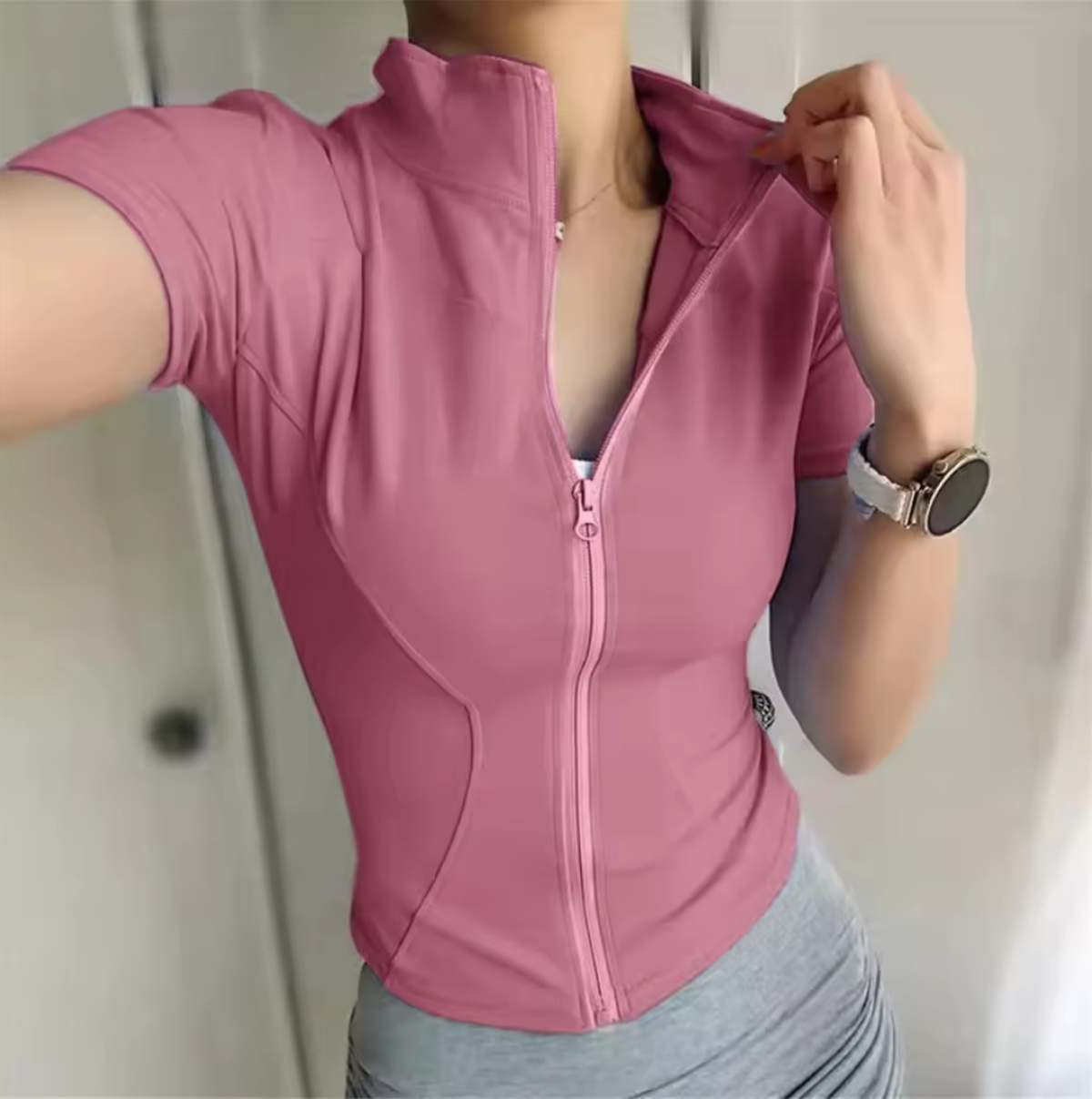 Hauts de sport décontractés slim pour femmes, avec fermeture éclair, manches courtes, pour le yoga, tenue d'été, vêtements de course et de fitness pour femme