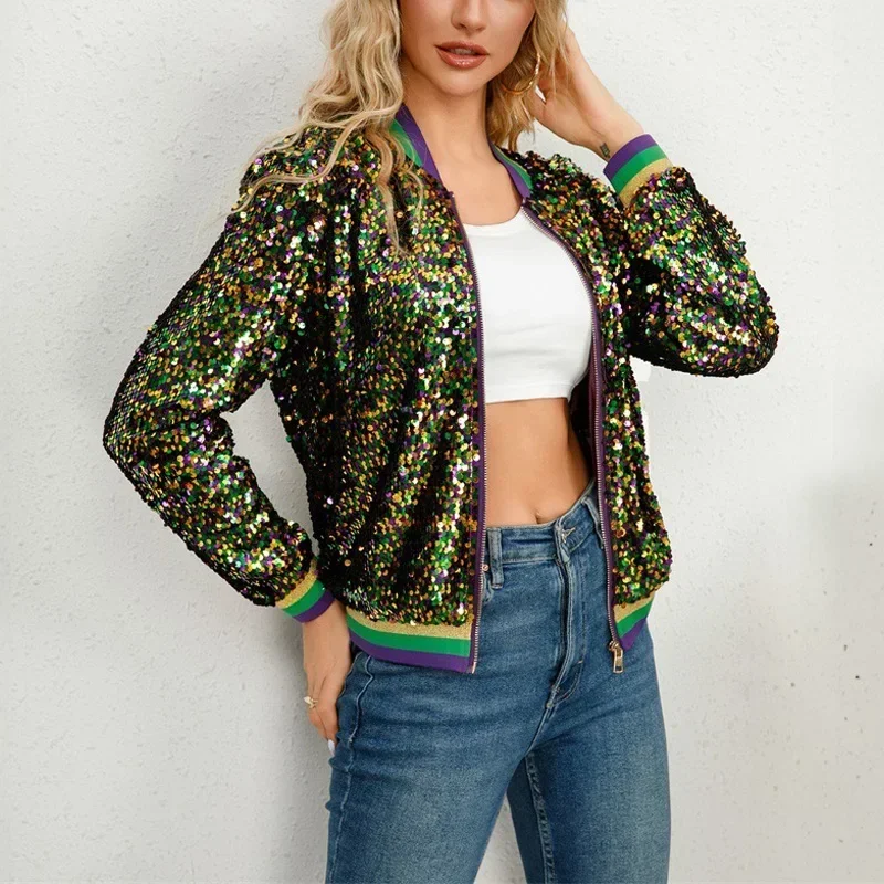 Veste de baseball brillante à paillettes pour femmes, manteau décontracté, vêtements d'extérieur élégants, nouveau, Y-adt