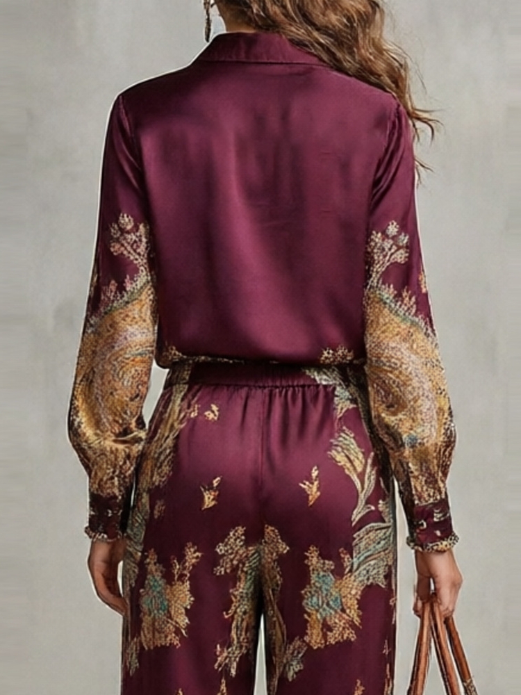 Ensemble deux pièces pour femmes en satin, imprimé paisley rétro, chemise à col à revers et manches longues, pantalon large à taille haute, ensemble décontracté pour les vacances.