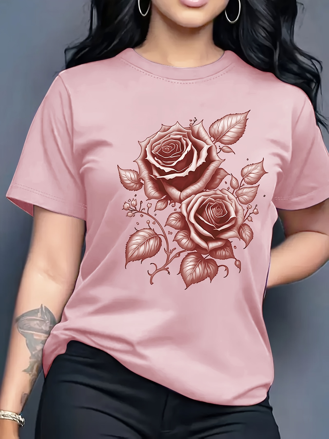 T-shirt imprimé roses pour femmes, col rond, Design Simple, polyvalent, mode Harajuku Kawaii, vêtements Y2K pour femmes