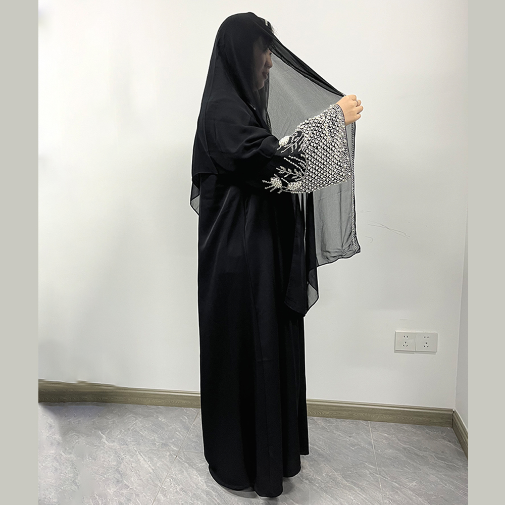 Abaya Modeste Eid Dubaï Printemps-Été pour Femme, Robe Musulmane Turquie Maroc, Kaftan Perlé Élégant de Luxe, Kimono, Ensemble Abaya et Hijab