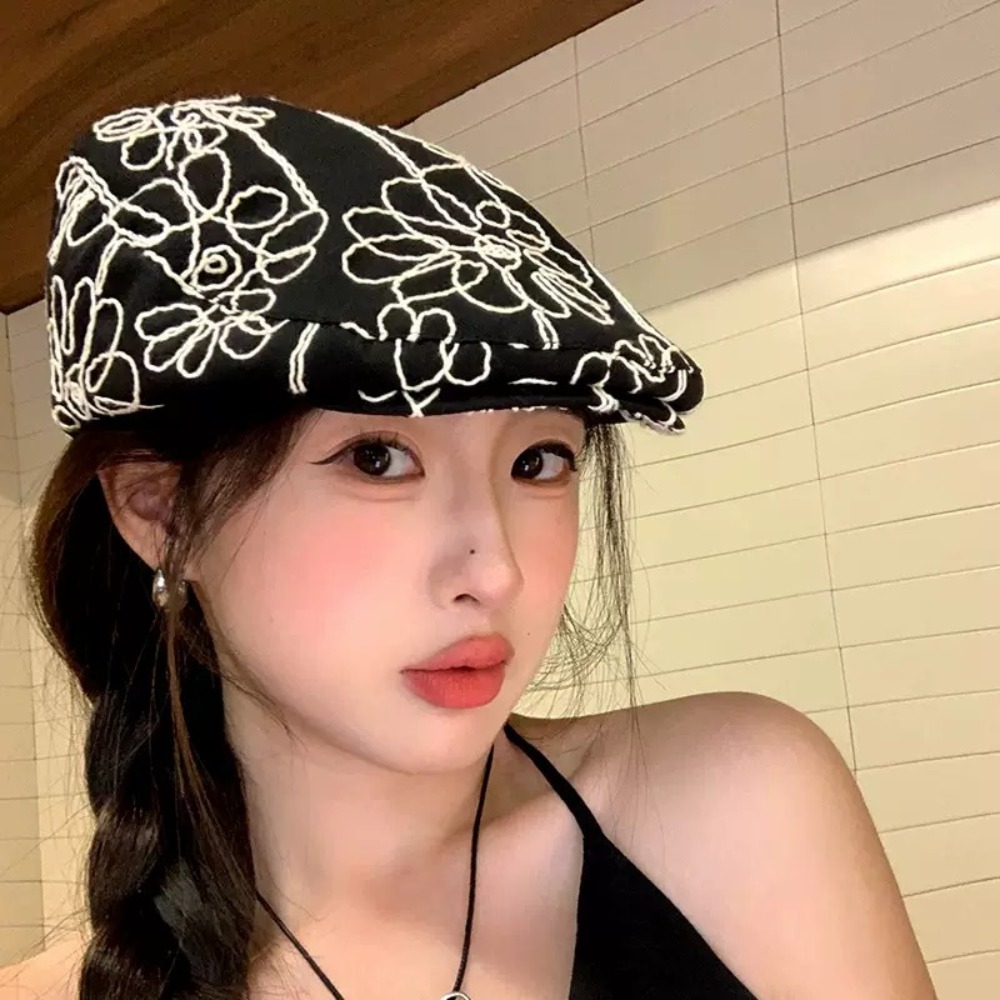 Casquette rétro tendance, décontractée et polyvalente, style coréen, avec broderie florale douce et épicée, chapeau britannique pour femme et jeune fille