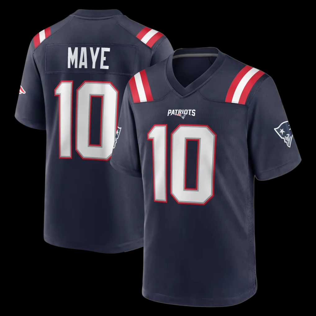 Maillot de football Patriots Maye n°10 à impression double face, uniforme de jeu à manches courtes et col en V pour hommes, maille respirante à motif œil d'oiseau, soutien pour les supporters.