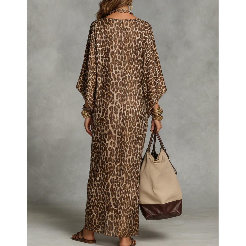 Robe élégante pour femme à imprimé léopard, col en V profond, décontractée, à manches chauve-souris 7/8, pour le printemps et l'automne, idéale pour les vacances
