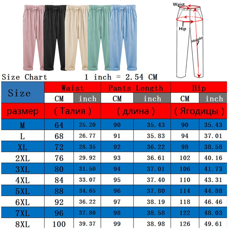 Pantalon en lin coton, élastique mi-taille rinçage longueur pantalon, décontracté femmes adt printemps pantalon, pantalon femme taille M-5XL 6XL 7XL 8XL