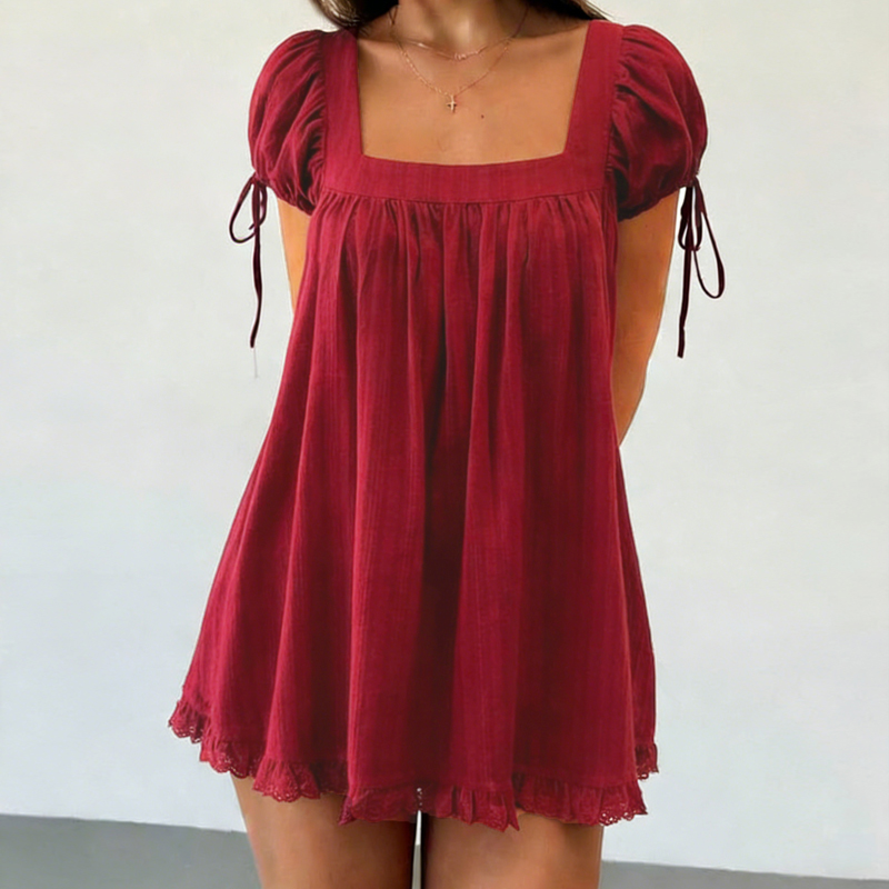 Robe de maternité bohème à manches bouffantes pour femme, col carré, coupe trapèze, mini-robe à volants, style féerique vintage, coupe ample et fluide