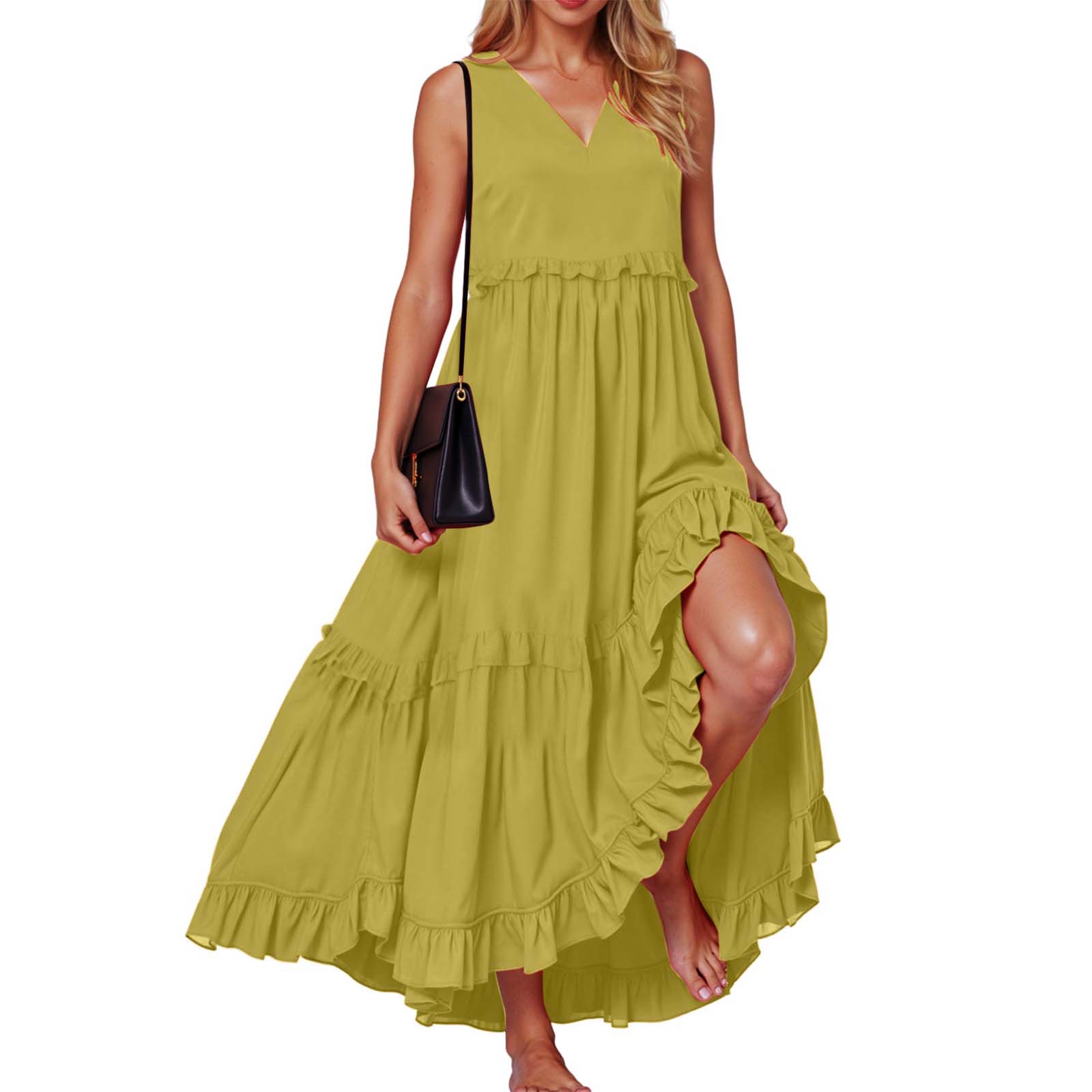 Femmes Boho volants Robe longue été élégant sans manches plage Robe d'été couleur unie Maxi fête robes de soirée Robe Swing Robe