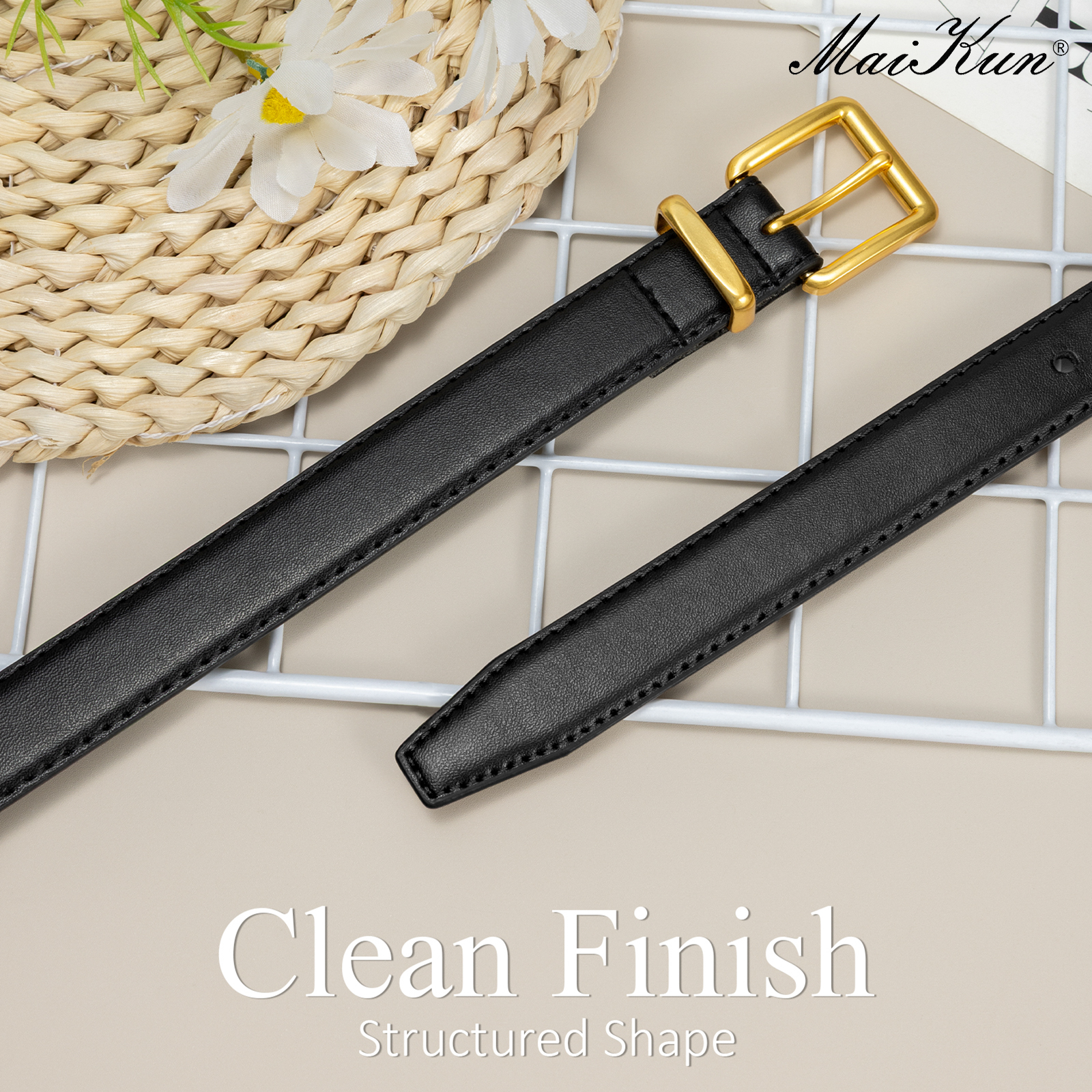 Ceinture Maikun pour femme avec boucle dorée, ceinture élégante en cuir compatible avec les robes et les pantalons