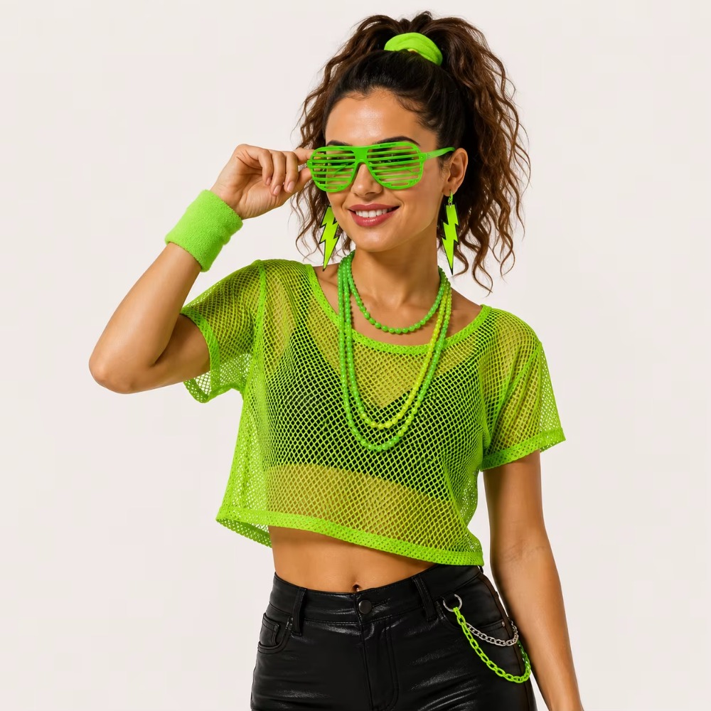 Ensemble de tenue disco hippie des années 80, haut court en maille néon, chauffe-jambes, bandeau, boucles d'oreilles, lunettes, accessoires de costume rétro pour Halloween et carnaval