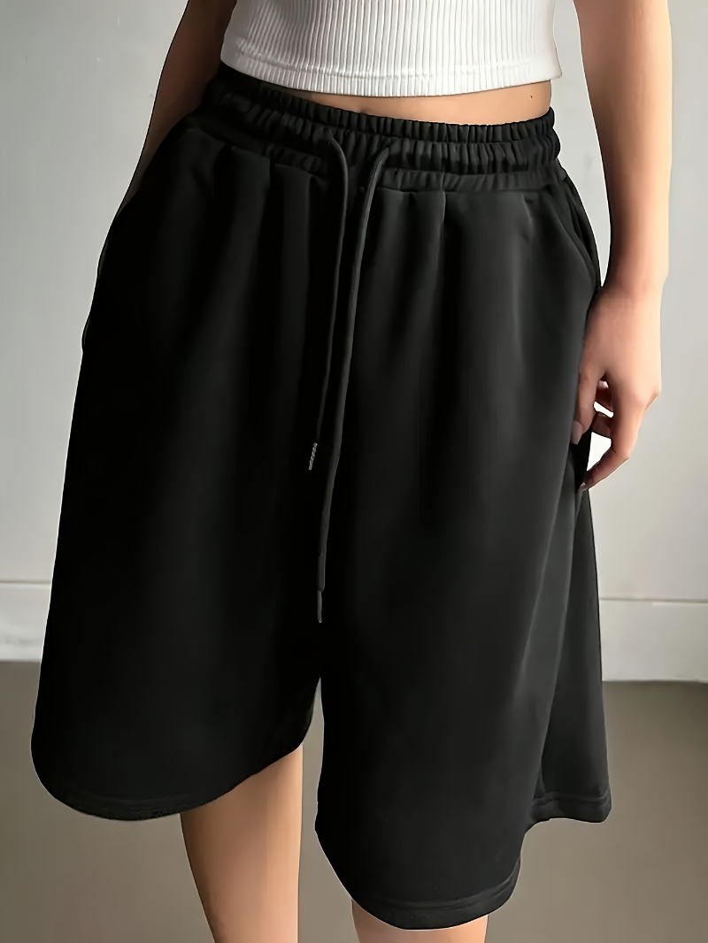 Shorts décontractés pour femmes grandes tailles, couleur unie, tissu lavable en machine avec poches à cordon
