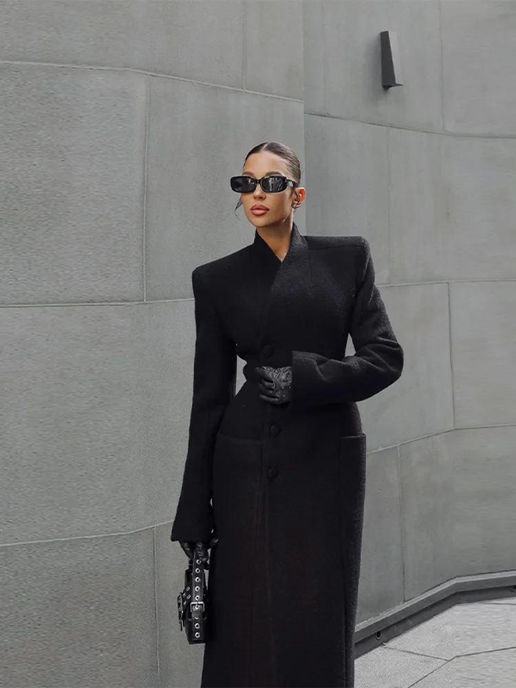 Manteau Long élégant pour femmes, col en v, couleur unie, Slim, simple boutonnage, taille fermée, veste dame, automne hiver 2021, Chic, Streetwear féminin