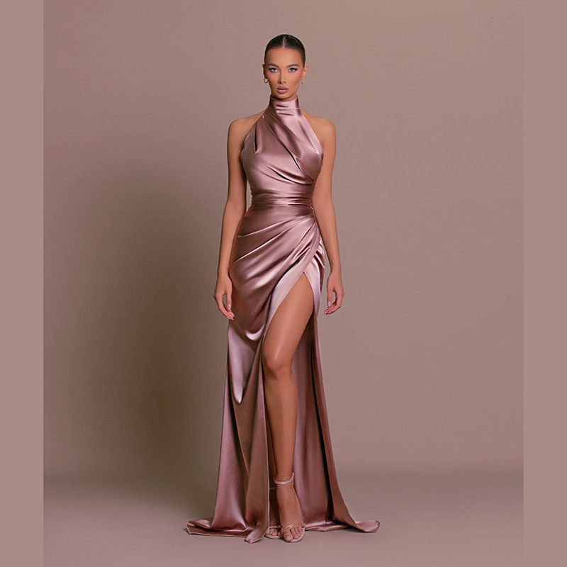 Robes longues élégantes pour femmes, robes de soirée pour femmes, col montant, col frontal, fente couvertes sexy
