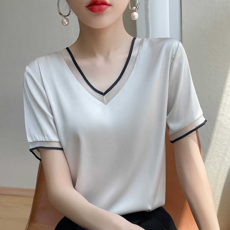T-shirts d'été à manches courtes col en v soie Satin T-shirt solide mode femmes T-shirt sommets décontracté bureau dame T-shirt