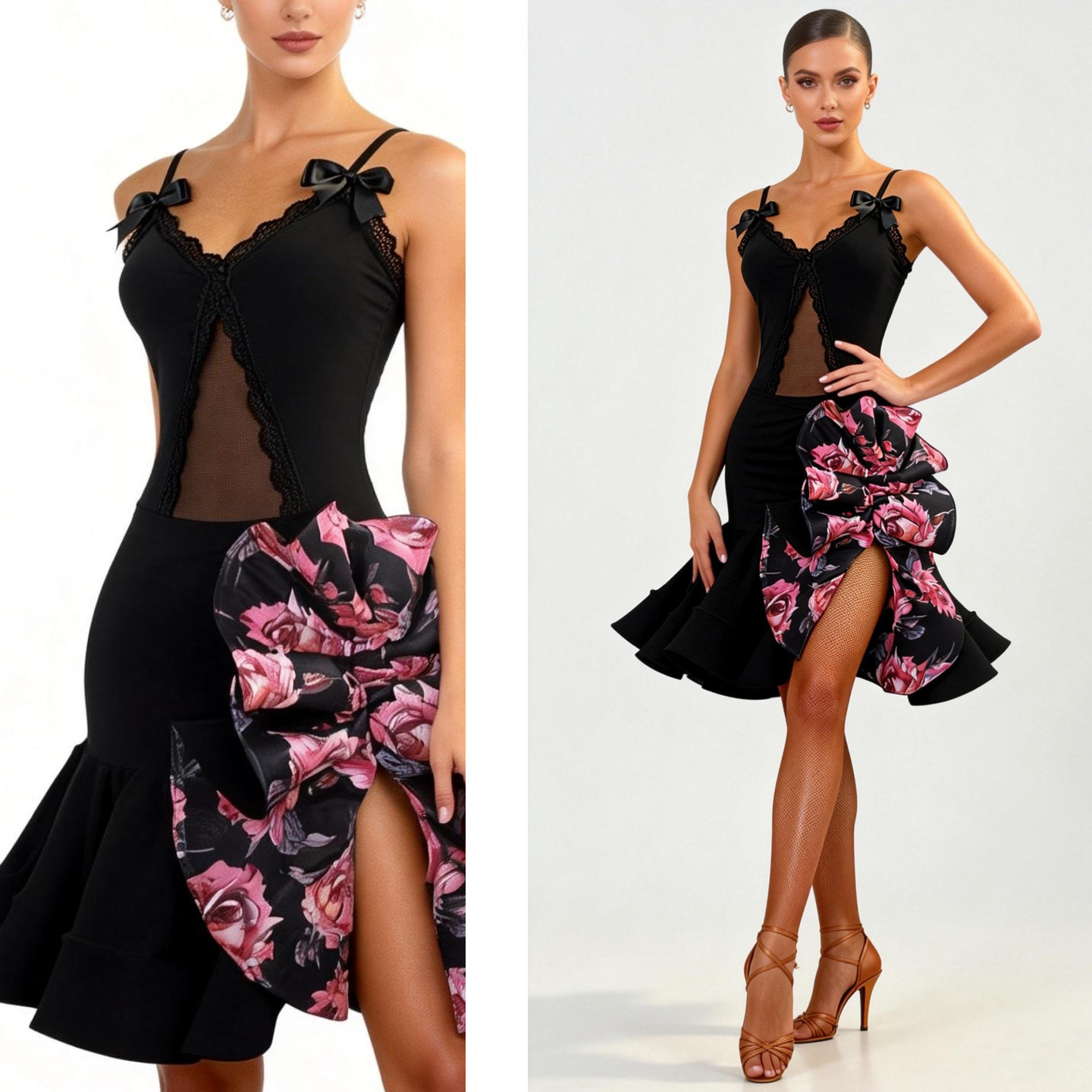 Costumes de danse latine 2026 pour femmes, hauts en dentelle avec nœud, jupe fendue à fleurs, vêtements de performance Cha Cha Rumba, robe noire NV26216