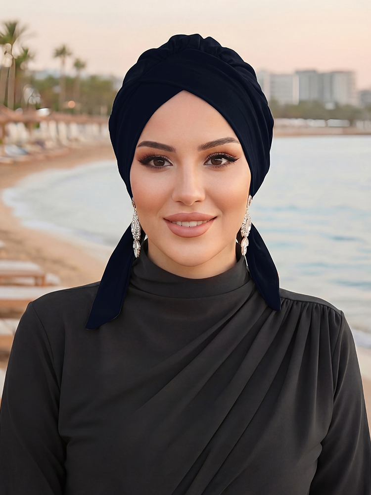 Hijab croisé en tricot pour femmes musulmanes, turban noir en polyester, foulard élégant et respirant pour la plage et les vacances quotidiennes