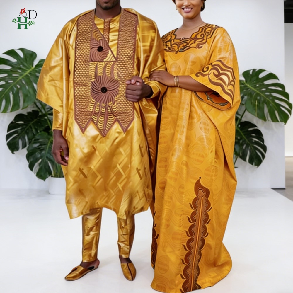 Robes africaines H&D pour couple, jaunes, traditionnelles, en Bazin Riche, tenue brodée 3 pièces pour homme, robe turque pour femme, robe de fête de mariage