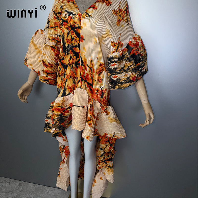WINYI Robe plissée élastique et ajustée de style bohème pour femmes musulmanes, Kaftan Abaya, tenue de plage, longue robe de soirée de luxe de Dubaï