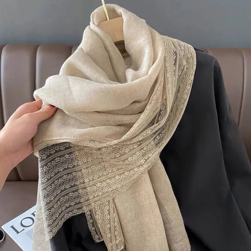 Écharpe en dentelle de coton pour femme, châle français vintage, garder au chaud, couverture de cou, mode solide, document rond, cadeau de Noël élégant pour femme, hiver