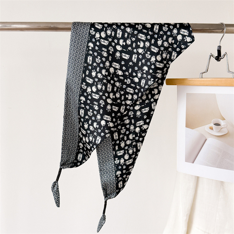 Écharpe triangulaire décorative à double couche en imitation soie, imprimée, à nouer à la taille, châle pare-soleil, foulard pour femme