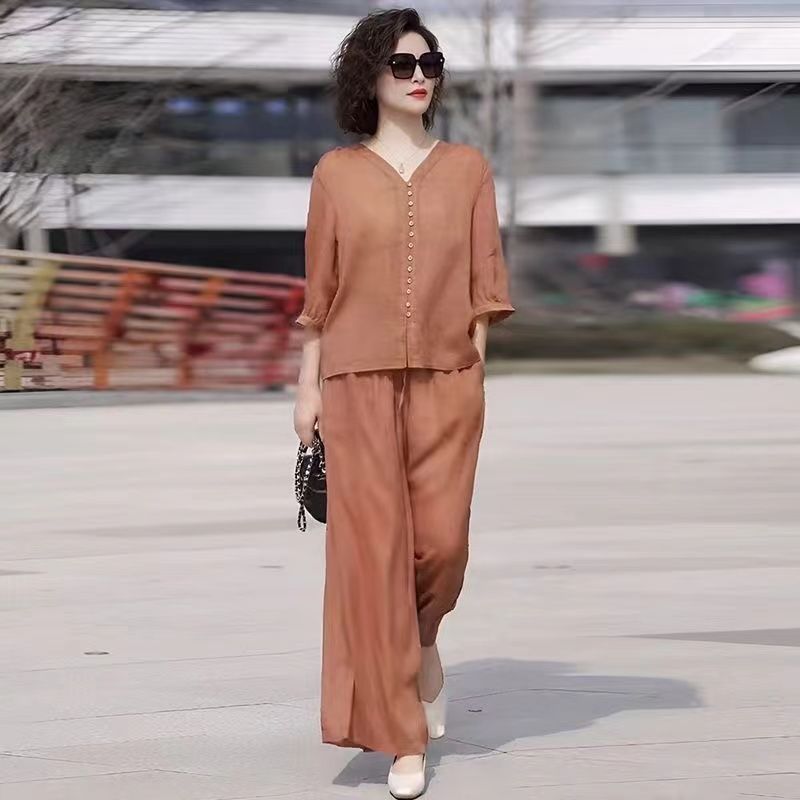 Ensemble Deux Pièces en Coton et Lin pour Femme, Pantalon à Jambes Larges, Col Haut Confortable, Décontracté, à la Mode, Nouvelle Collection Été 2024